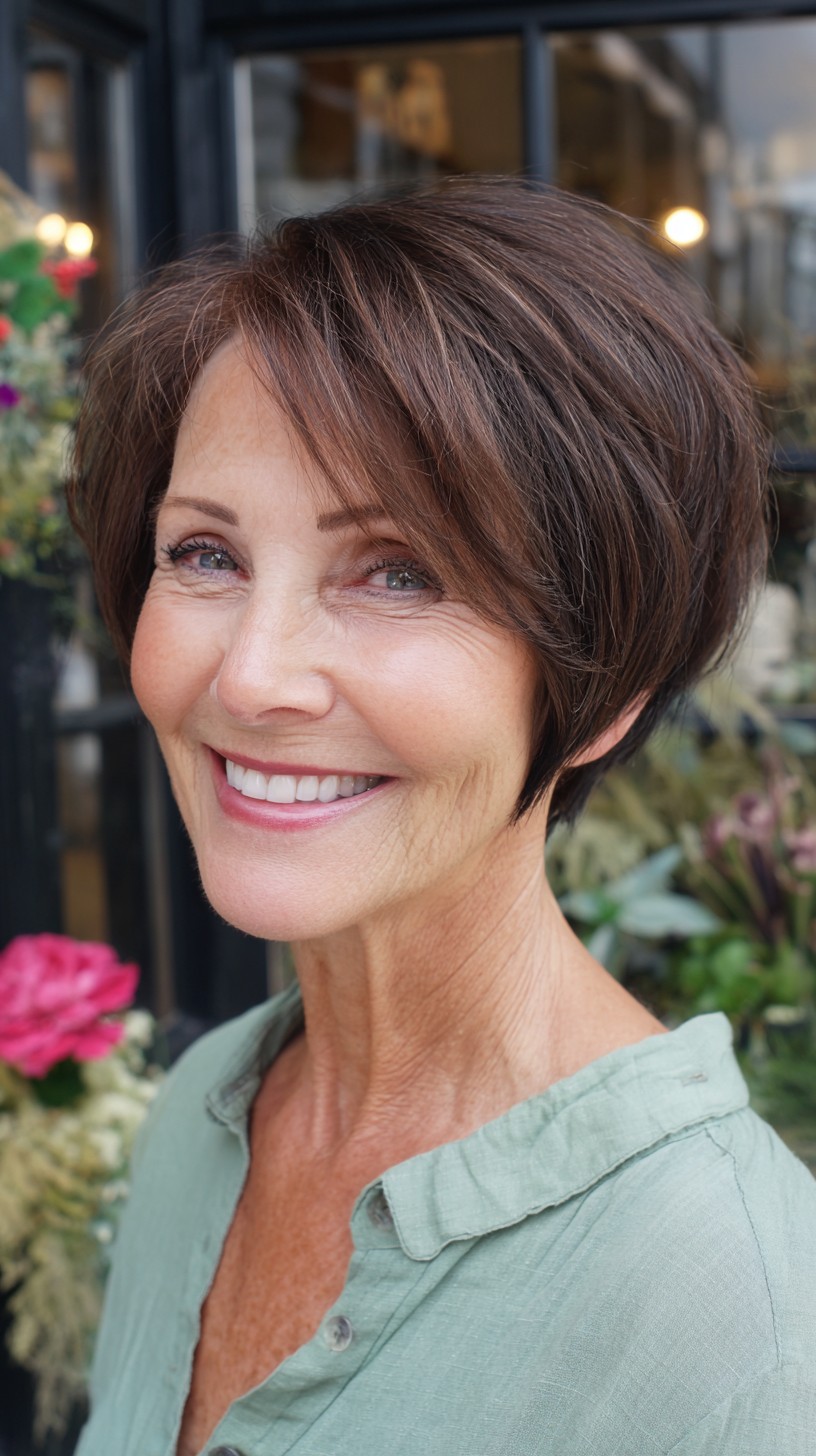 Short Stacked Chestnut Bob with Soft Face‑Framing