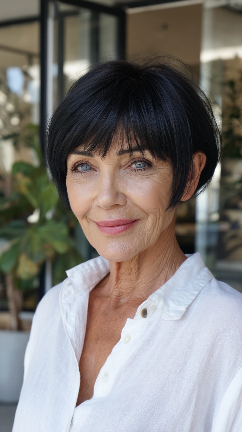 Sleek Dark Stacked Nano Bob with Short Feathered Fringe