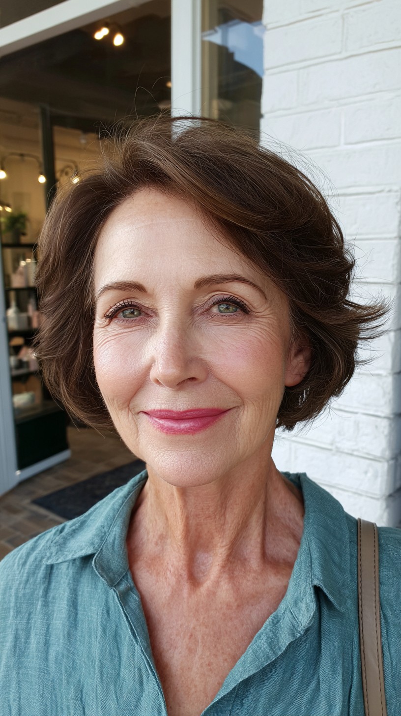 Soft Brunette Flipped Bob with Feathered Side Layers