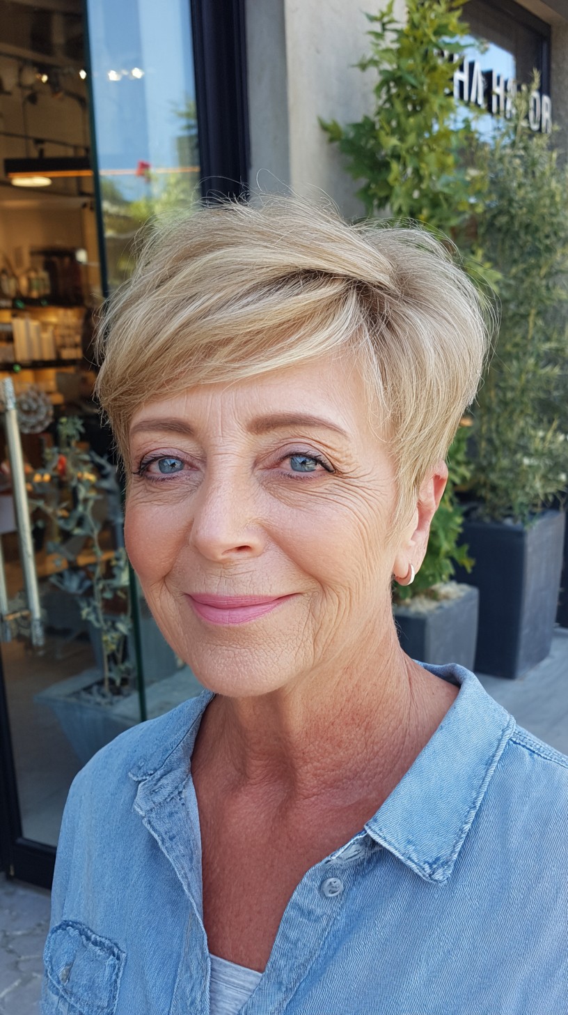 Soft Brushed Blonde Tapered Pixie with Root Shadow