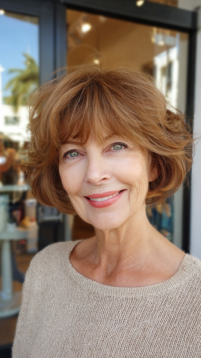 Soft Chestnut Flipped Bob with Face‑Framing Curtain Fringe