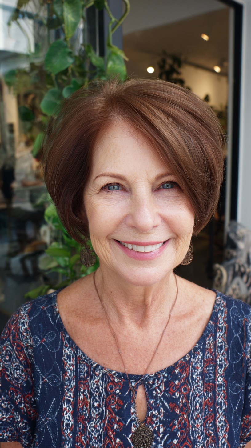 Soft Chestnut Stacked Nano Bob with Face-Framing Graduation