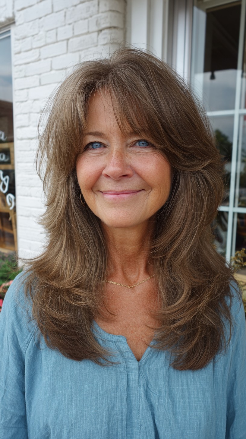 Soft Feathered Long Layers with Curtain Bangs