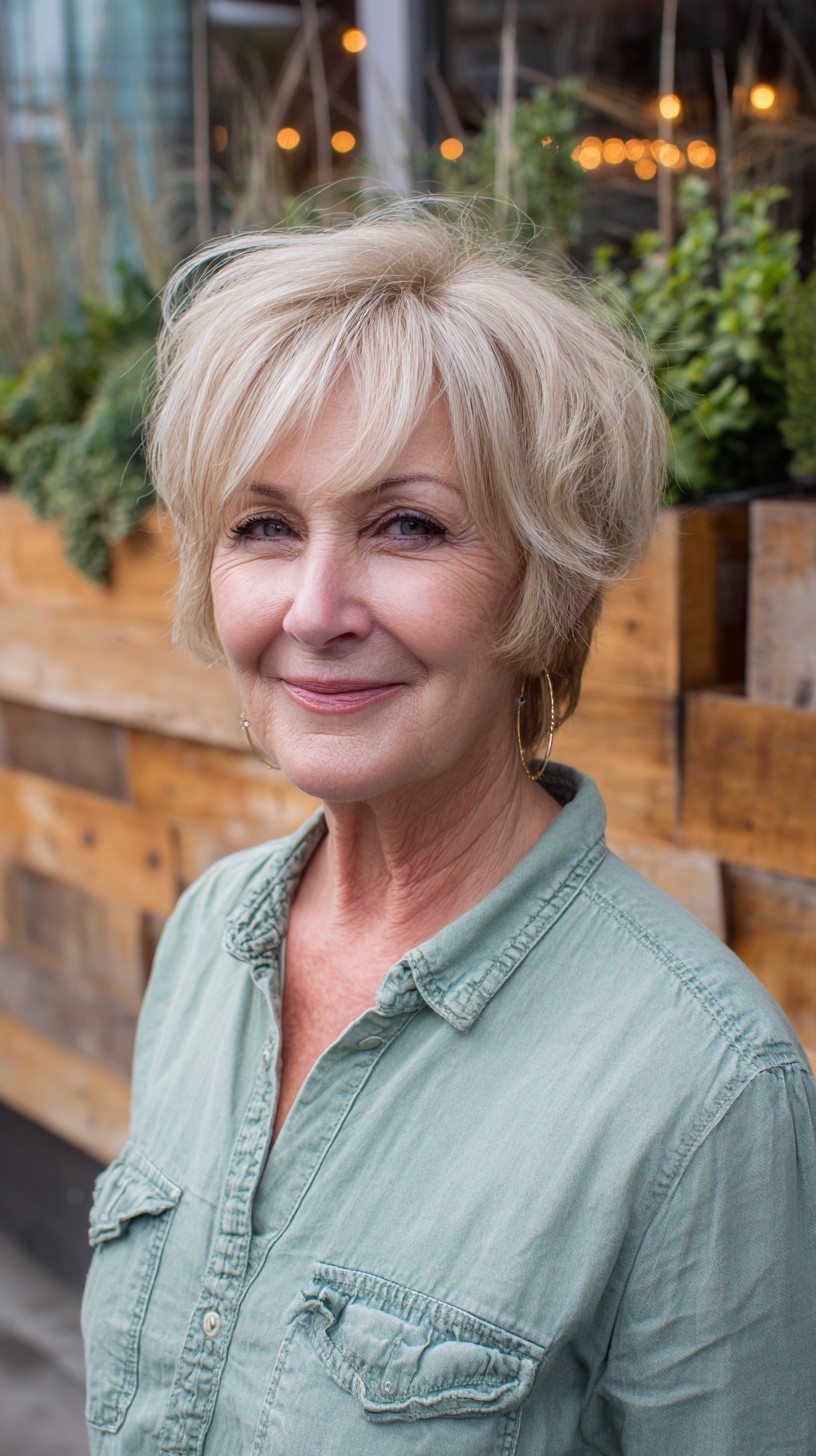 Soft Feathered Short Blonde Bob with Wispy Side-Swept Bangs