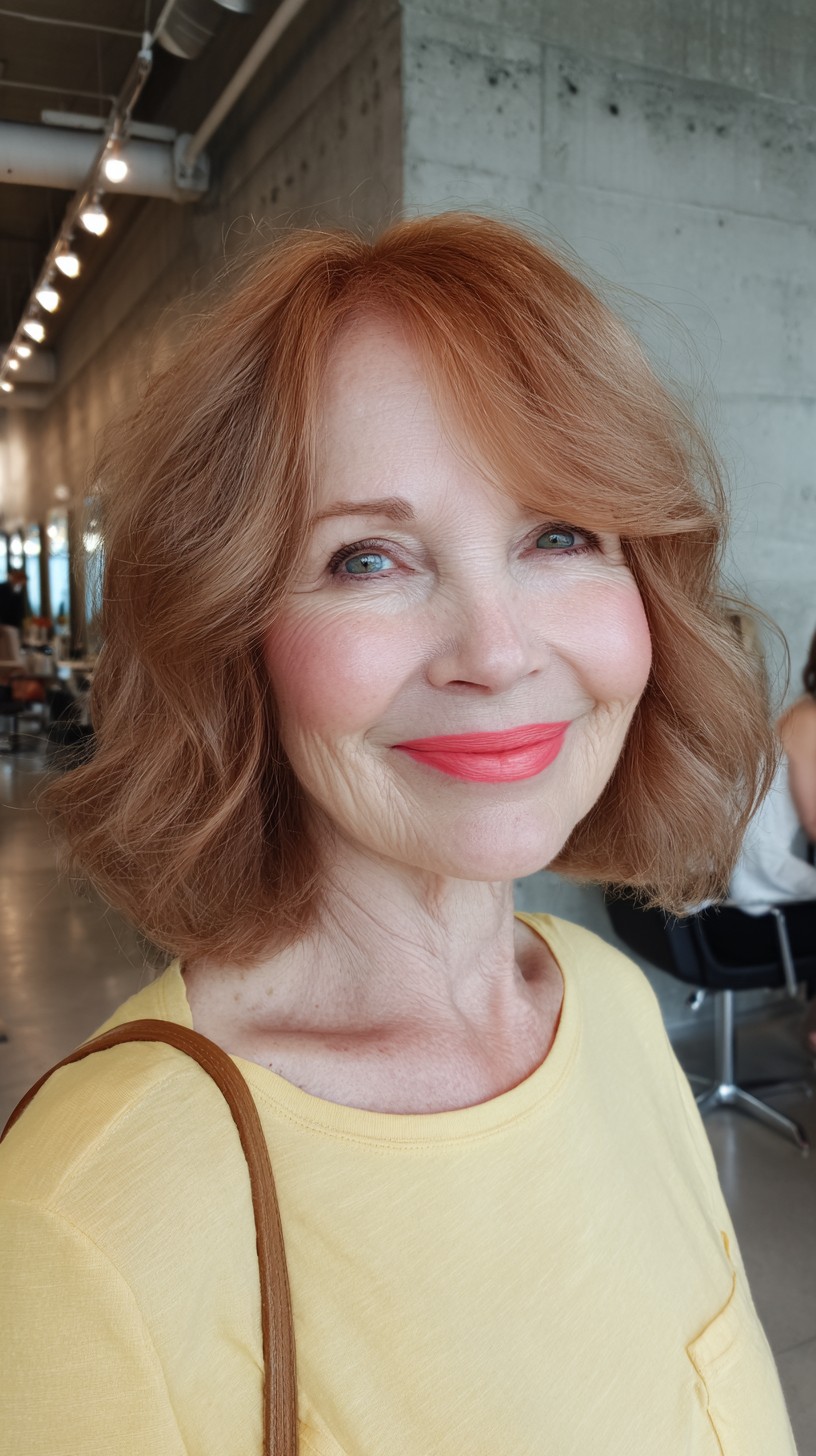 Soft Ginger Neck-Length Bob with Side-Swept Fringe and Root Smudge