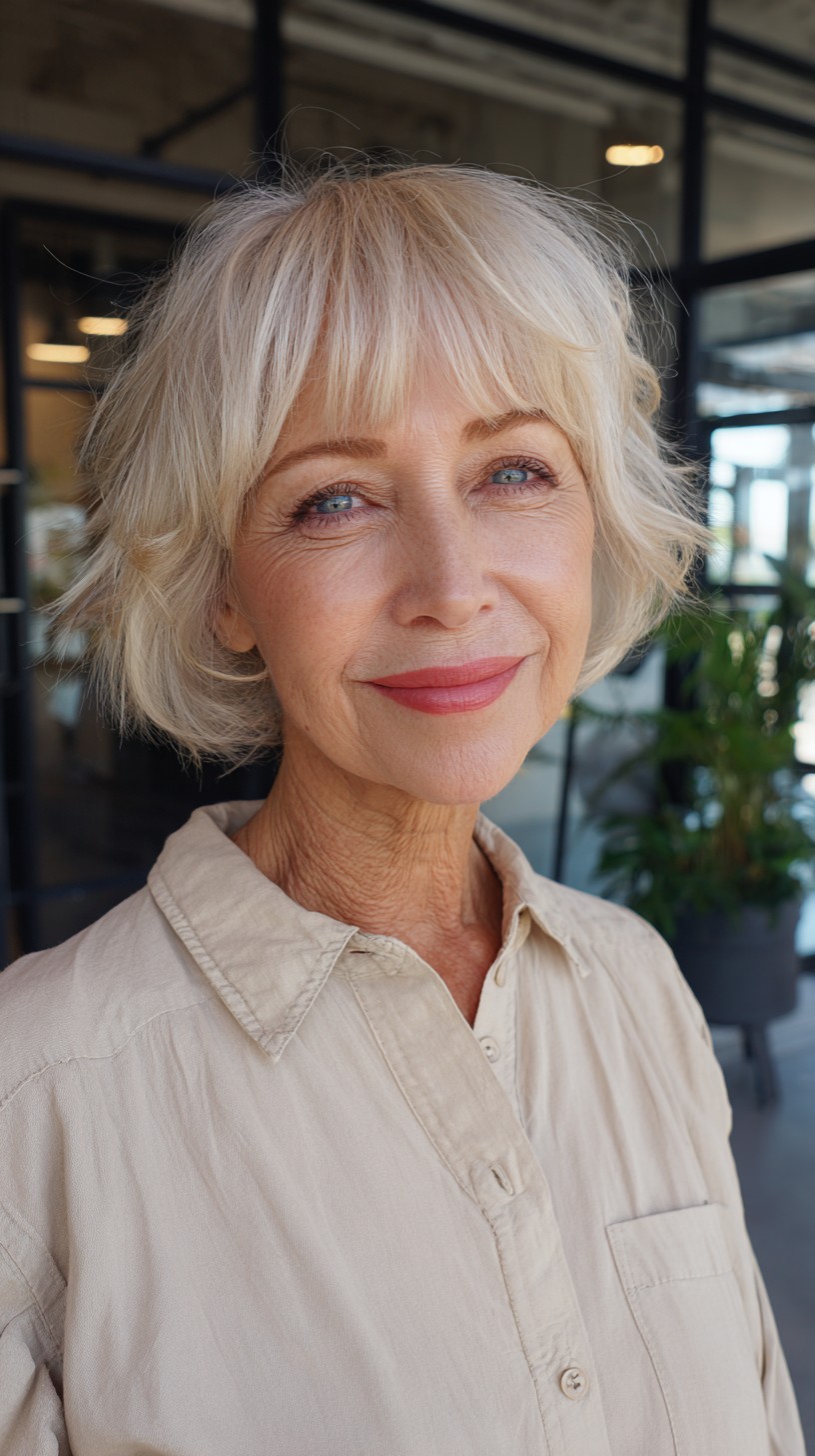 Soft Silver-Blonde Textured Bob with Feathered Fringe