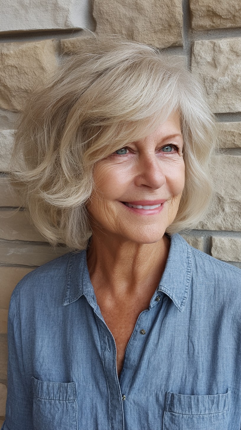 Soft Silver Layered Bob with Side-Swept Fringe