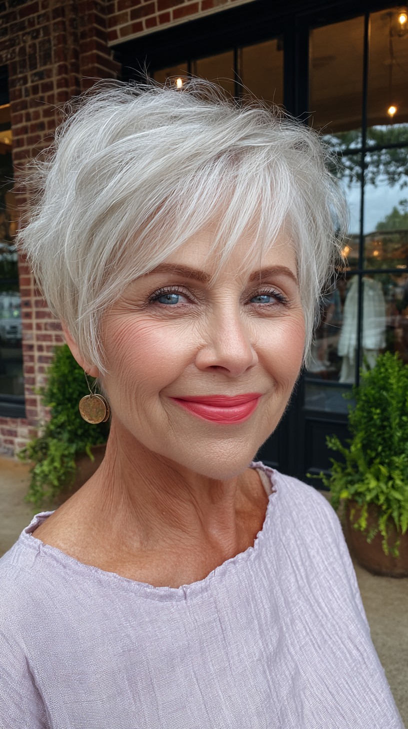 Soft Silver Layered Pixie with Wispy Side-Swept Fringe