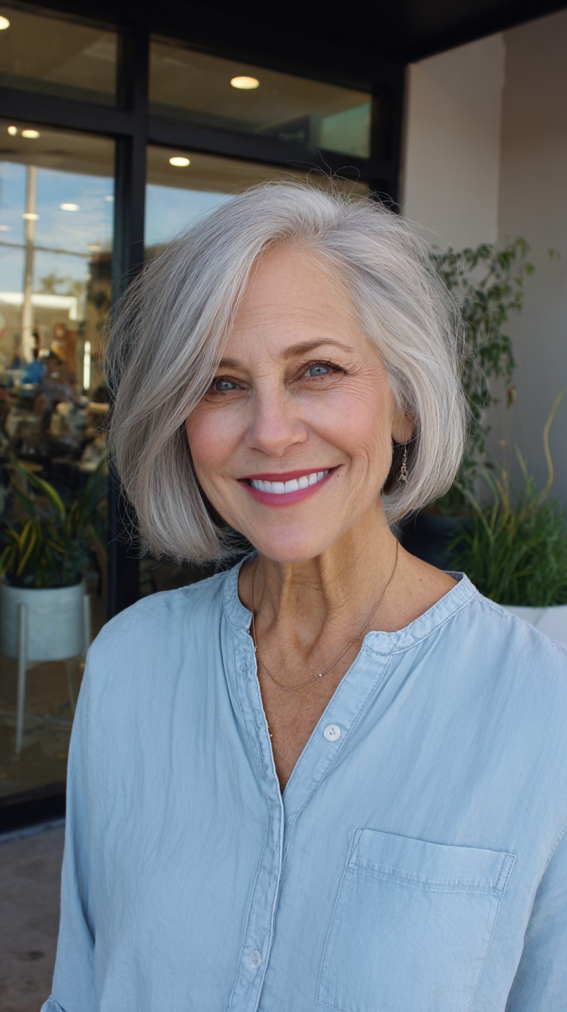 Soft Silver Stacked Bob with Deep Side Part