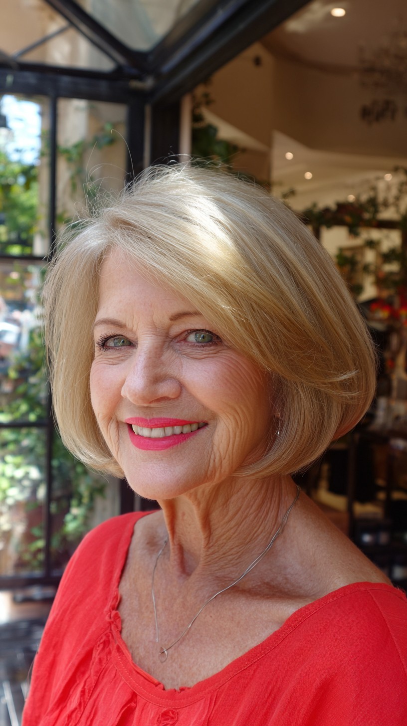 Softly Rounded Neck-Length Stacked Bob with Side Part and Subtle Interior Graduation