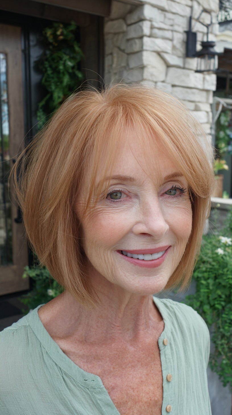 Strawberry-Blonde Neck-Length Angled Bob with Soft Curtain Fringe
