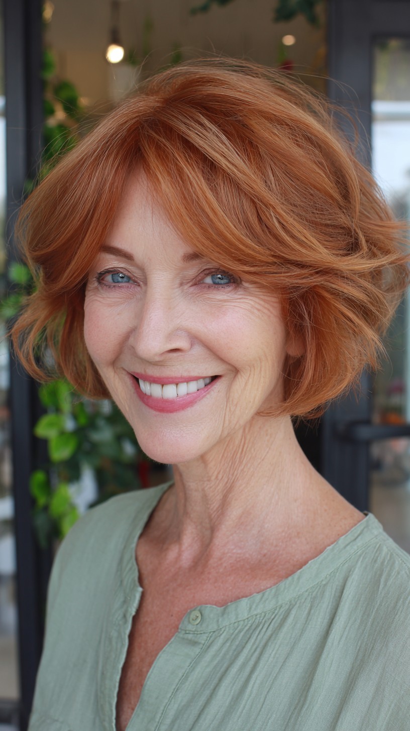 Textured Copper Rounded Short Bob with Curtain Fringe