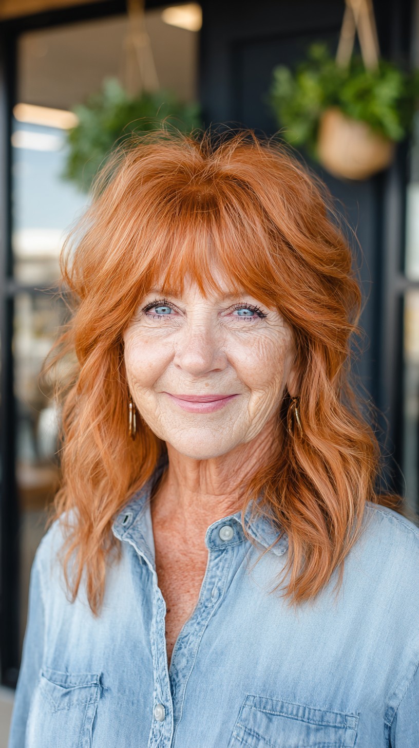 Textured Copper Shoulder-Length Cut with Short Blunt Micro-Fringe