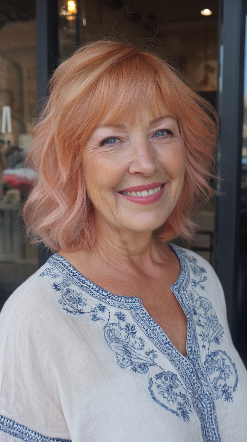 Textured Rose-Gold Wavy Collarbone Bob with Wispy Micro Fringe