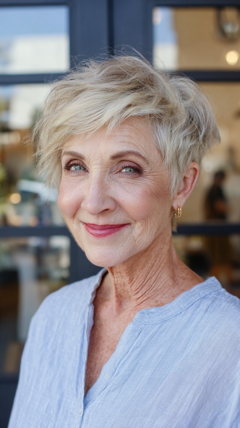 Textured Silver Swept Pixie with Soft Crown Lift