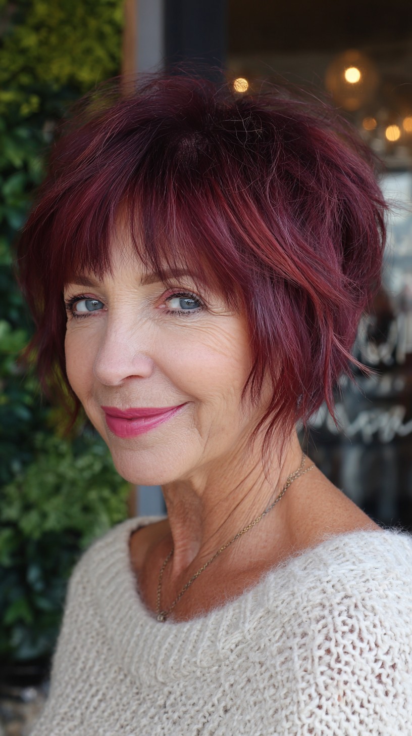 Textured Wine-Red Choppy Pixie-Bob with Soft Fringe