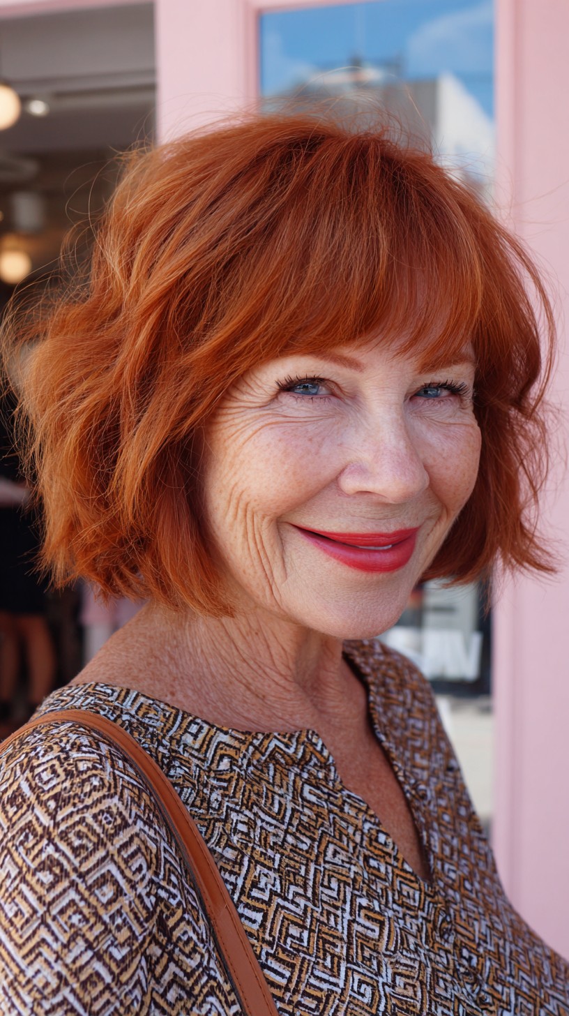 Vibrant Copper Textured Neck-Length Bob with Soft Micro-Bang