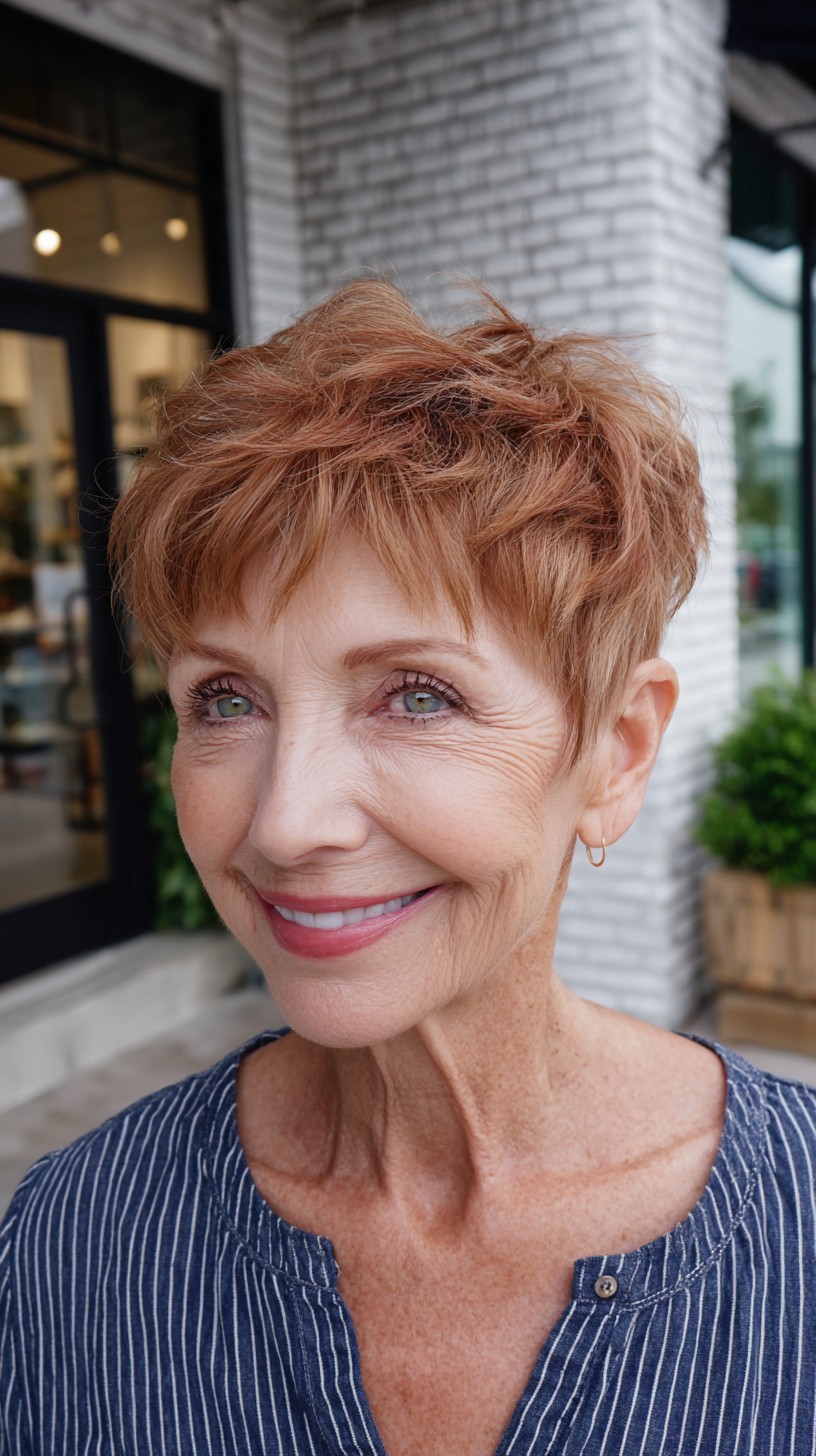 Warm Auburn Short Textured Pixie with Choppy Micro Fringe
