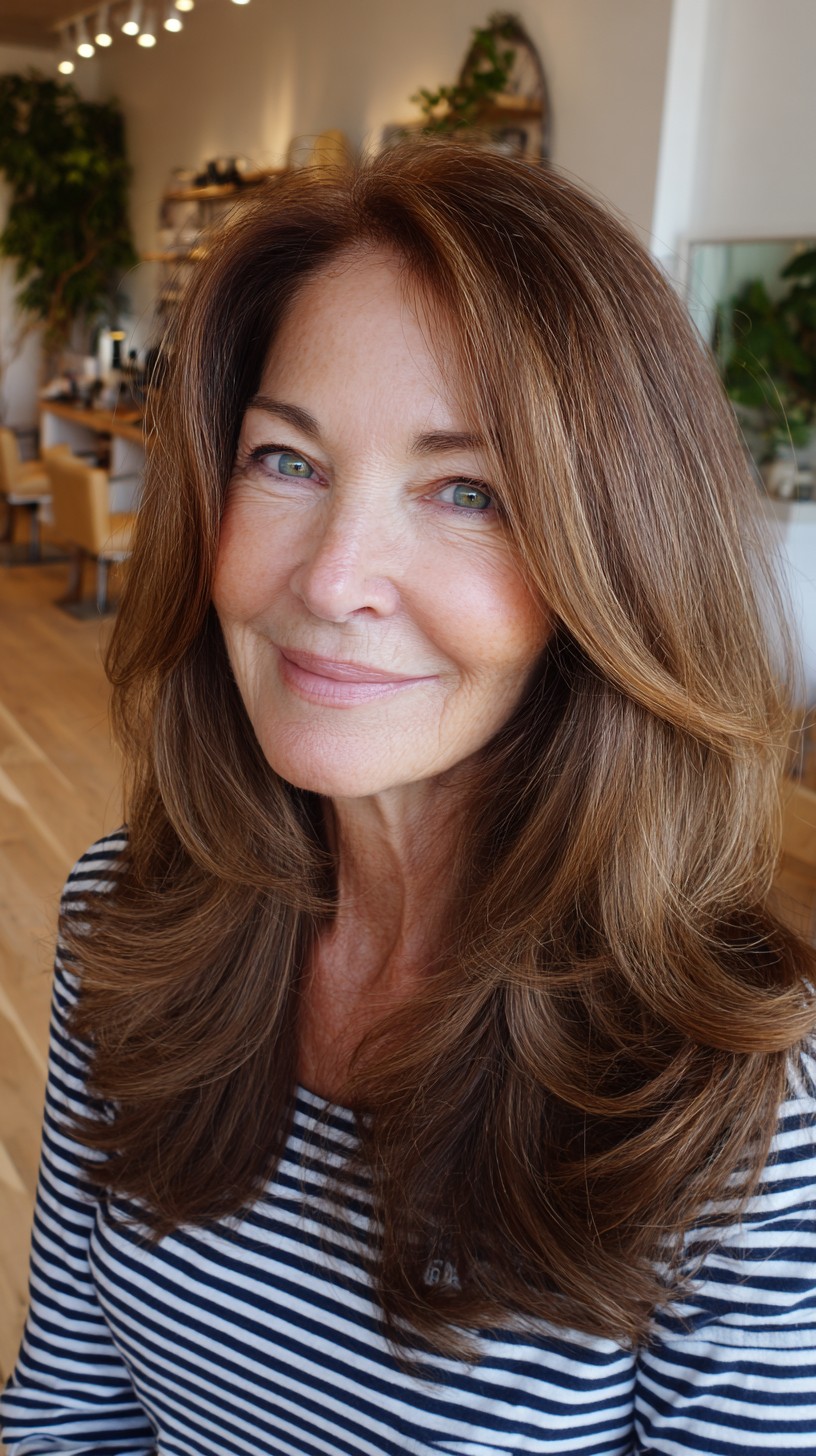 Warm Brunette Long Layers with Face-Framing Graduation