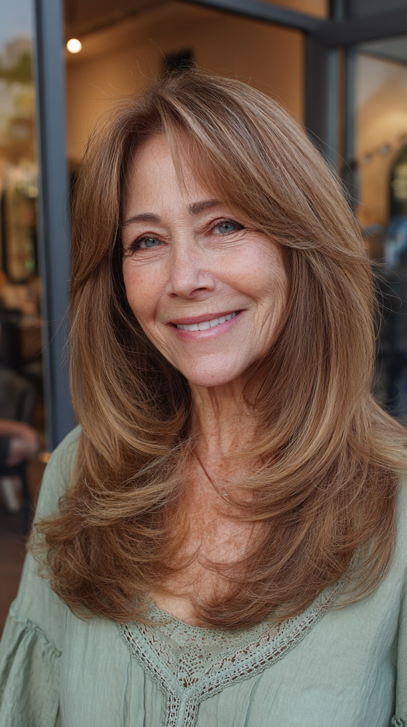Warm Caramel Long Layers with Face-Framing Feathered Ends