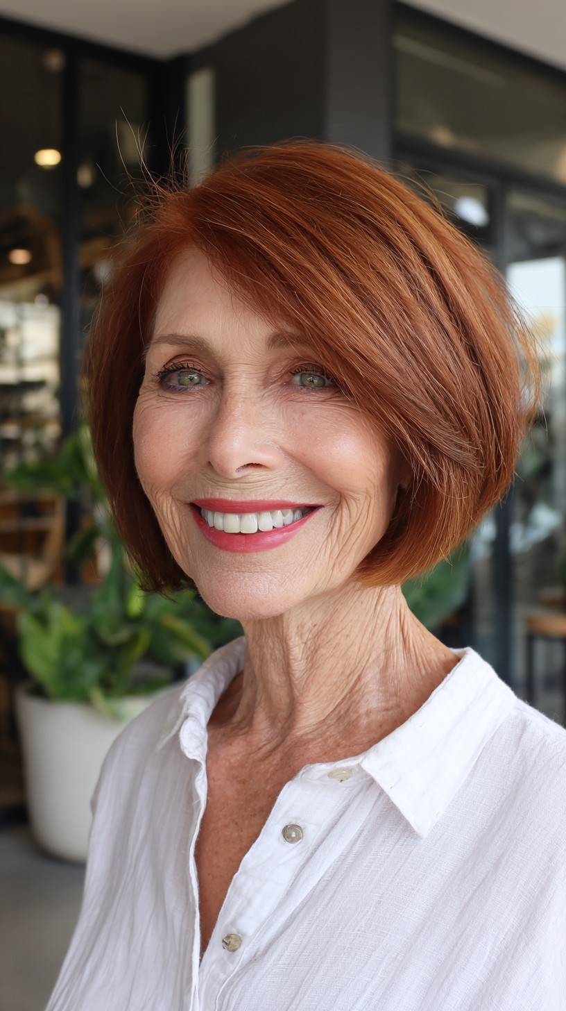 Warm Copper Angled Neck-Length Stacked Bob