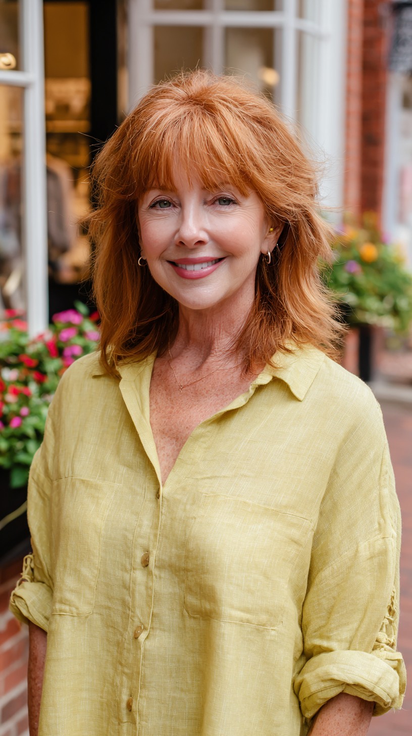Warm Copper Feathered Shoulder-Length Cut with Soft Curtain Bangs