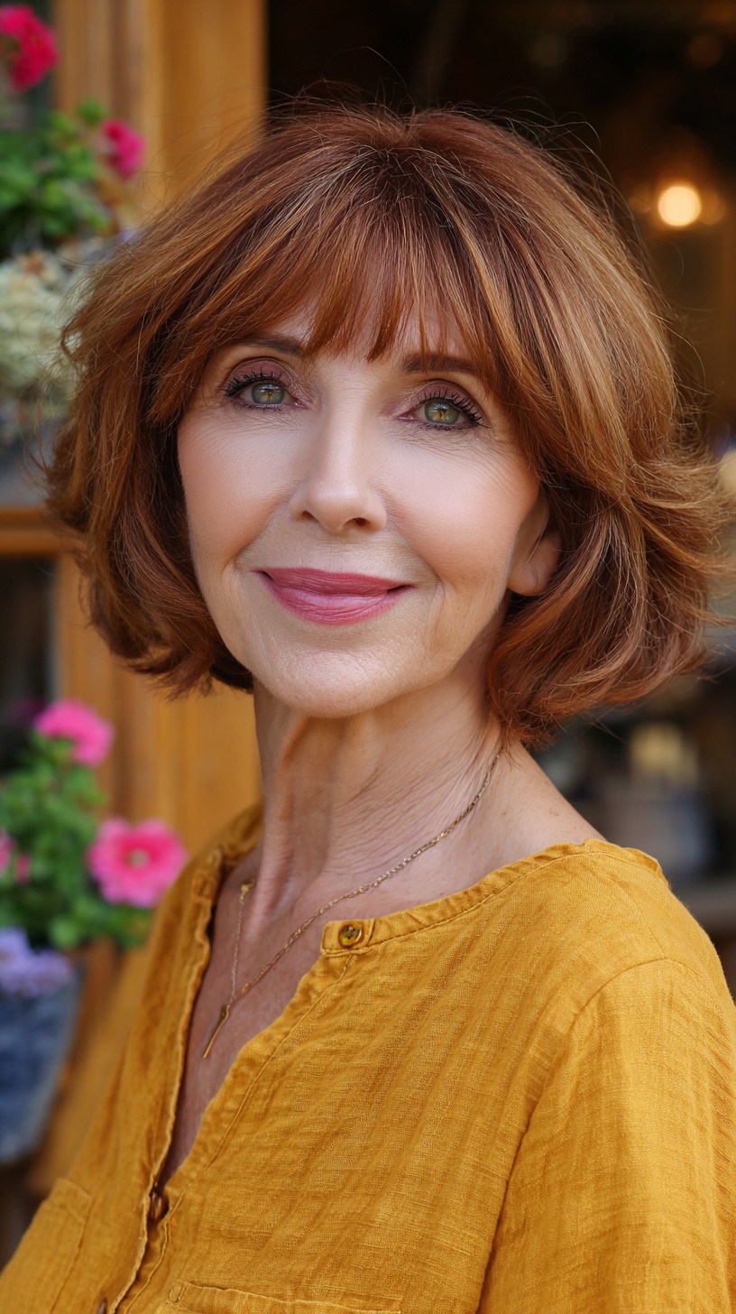 Warm Copper Layered Chin-Length Bob with Soft Blunt Bangs
