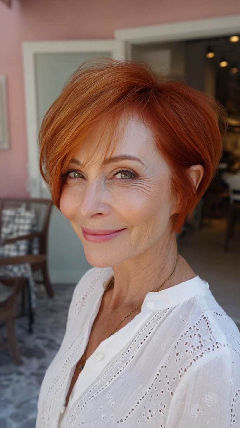 Warm Copper Layered Pixie with Rounded Crown and Side Sweep