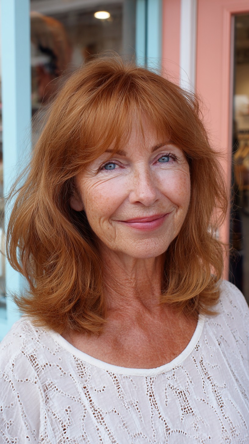 Warm Copper Shoulder-Length Shag with Wispy Face-Framing Bangs