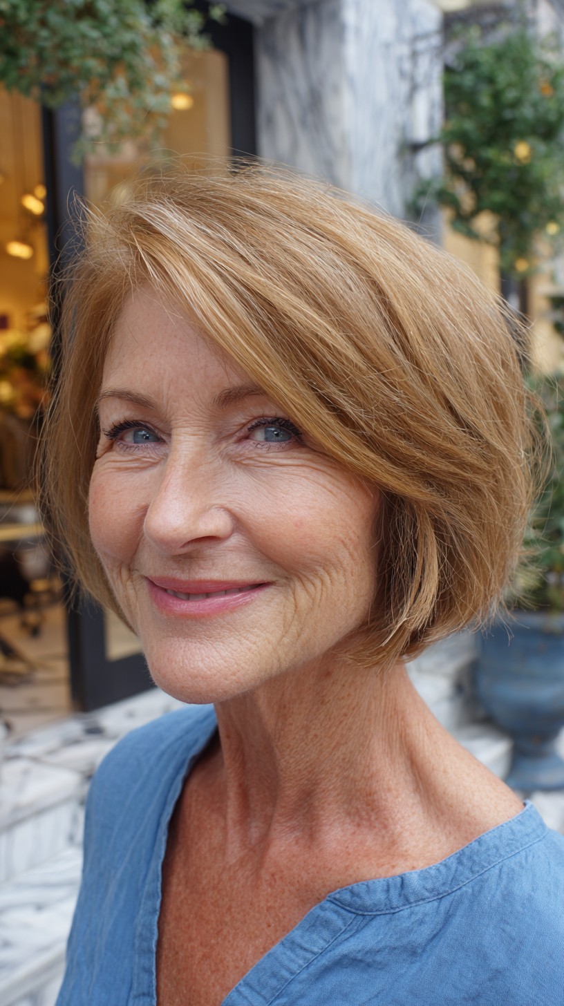 Warm Golden Chin-Length Rounded Nano Bob with Internal Graduation