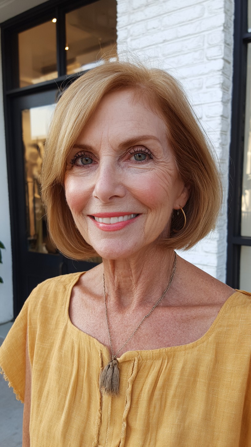 Warm Golden Neck-Length Graduated Bob with Side-Swept Framing