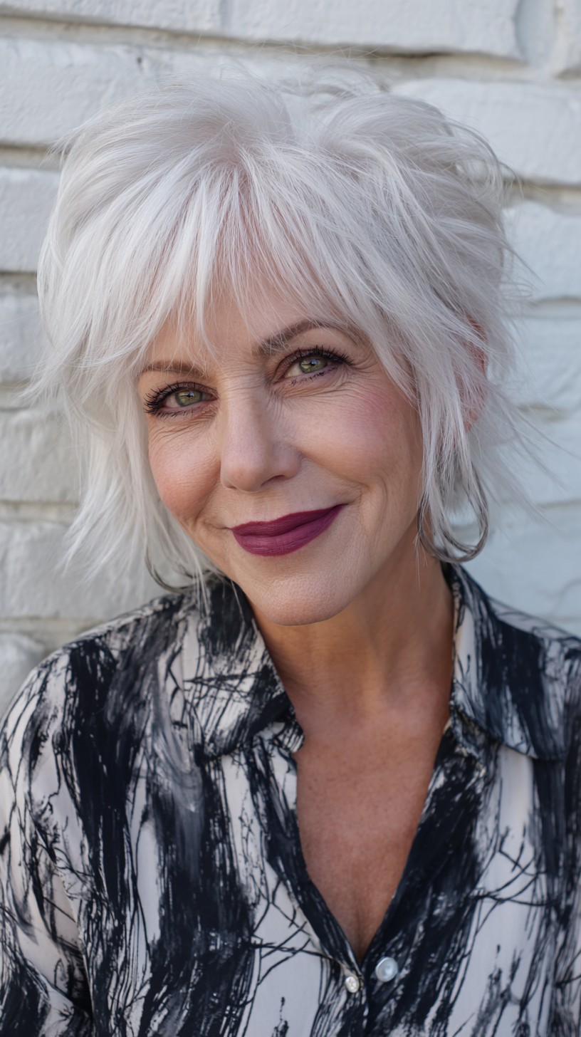 Airy Silver Shaggy Chin-Length Bob with See-Through Fringe