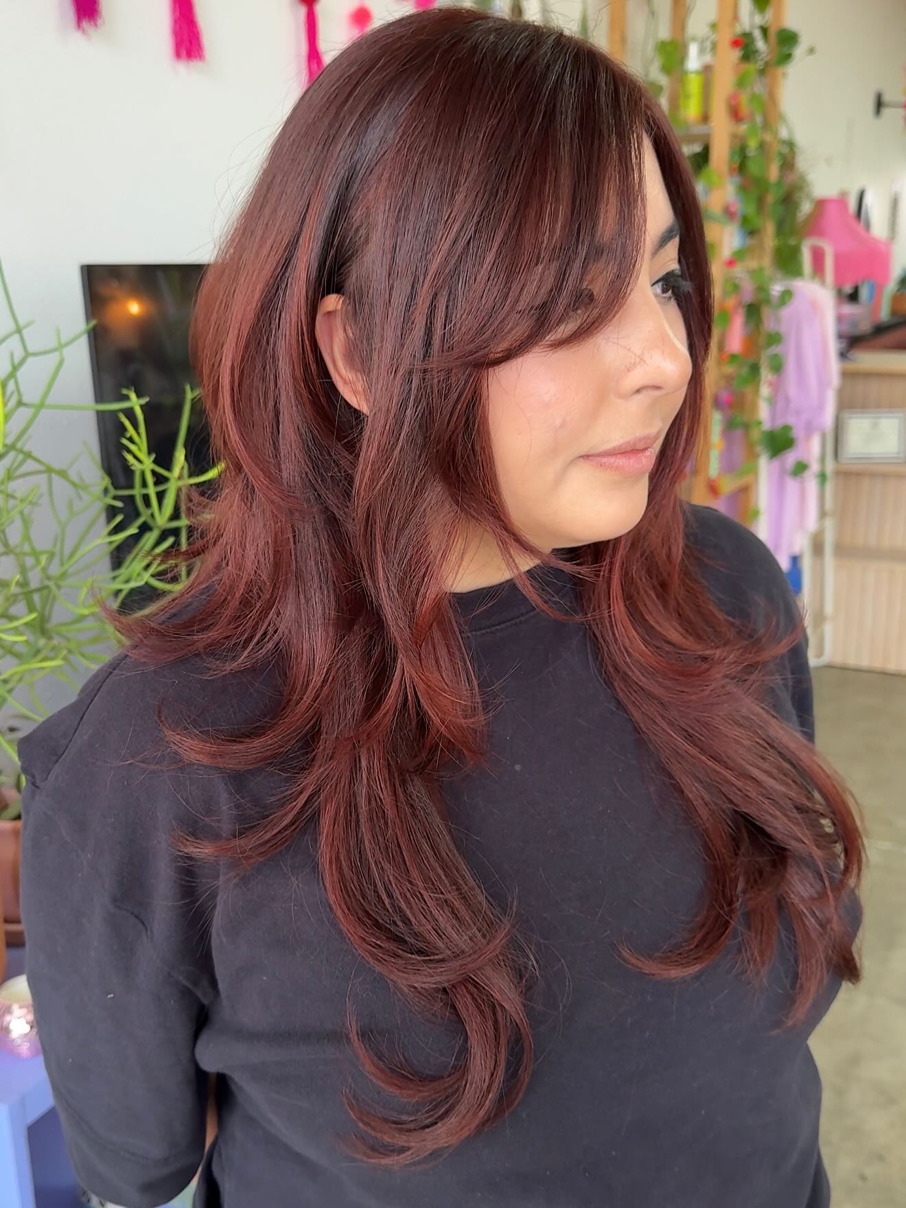 Auburn Long Feathered Layers with Curtain Fringe and Flipped Ends