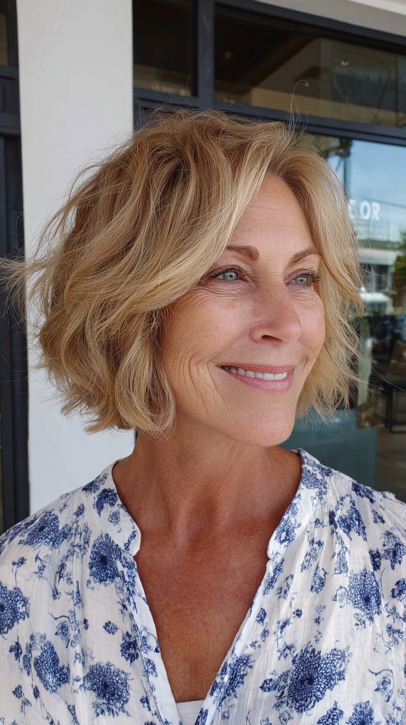 Beige-Blonde Chin-Length Shag with Airy Crown and Face-Framing Layers