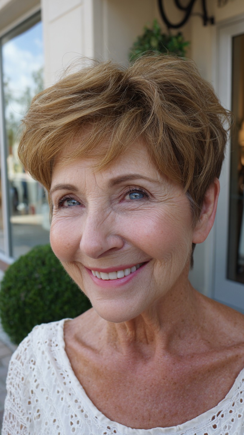 Brushed-Forward Bronde Pixie with Subtle Crown Volume