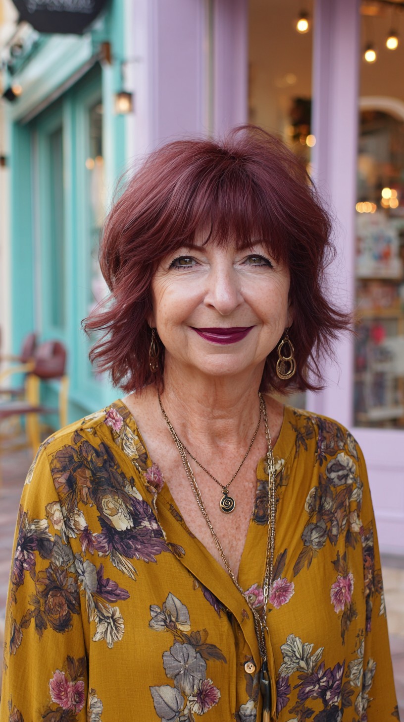 Burgundy Feathered Chin-Length Shag with Wispy Micro Fringe