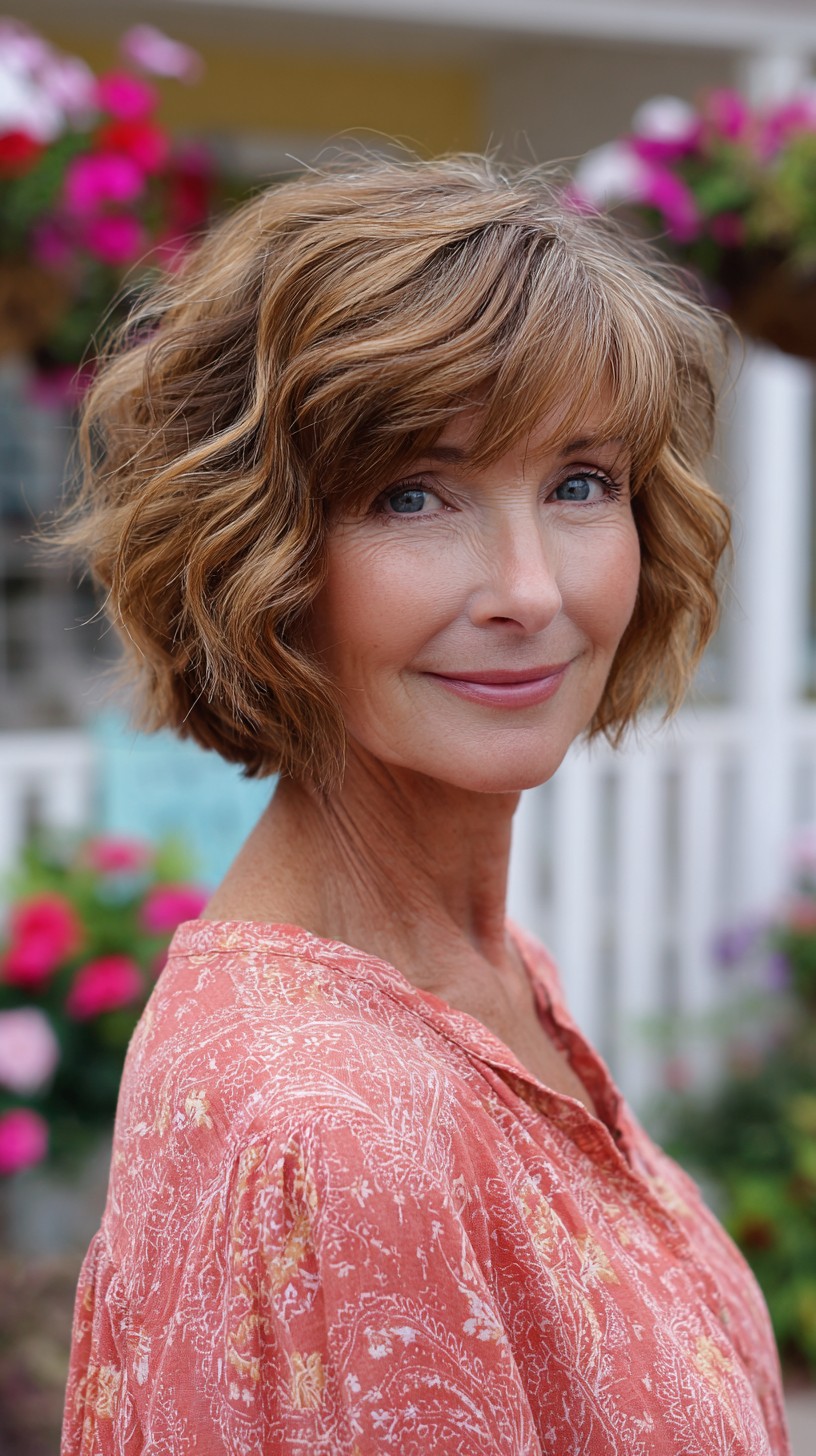 Caramel Textured Chin-Length Bob with Soft Curtain Fringe