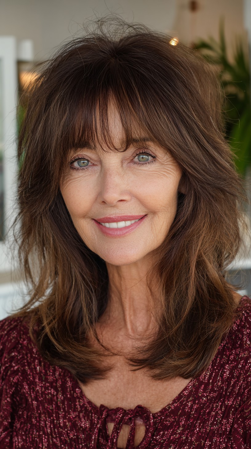 Chestnut Shoulder Shag with Airy Fringe and Soft Crown Lift