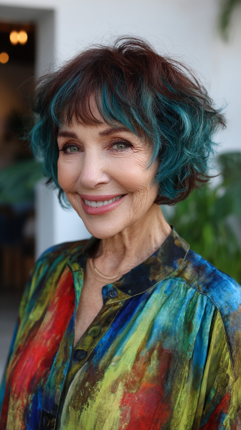 Choppy Teal-Painted Chin-Length Shag with Feathered Fringe
