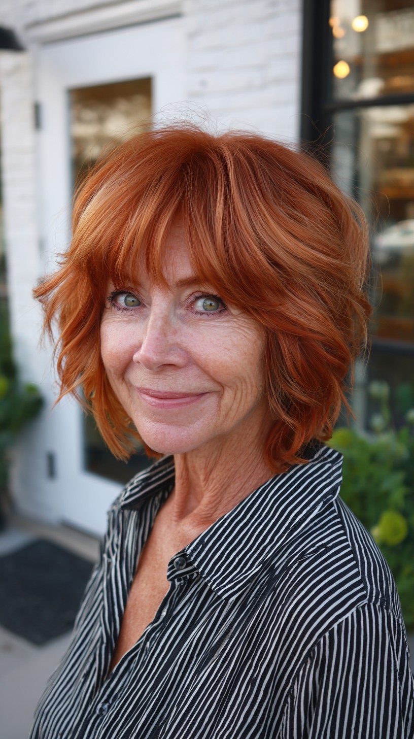 Copper Textured Chin-Length Shag with Soft Feathered Fringe