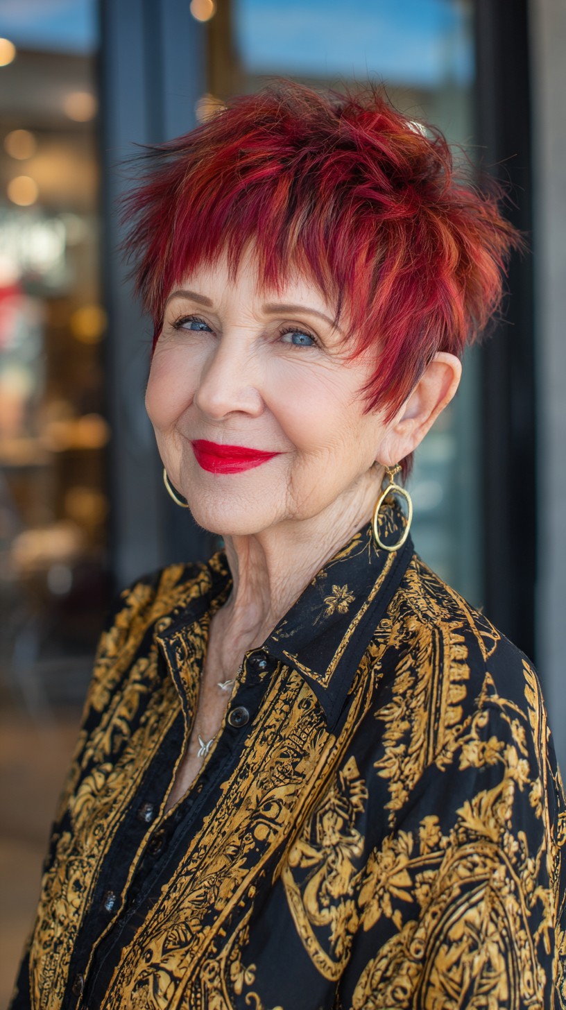 Crimson Choppy Pixie with Feathered Crown and Ear-Grazing Layers