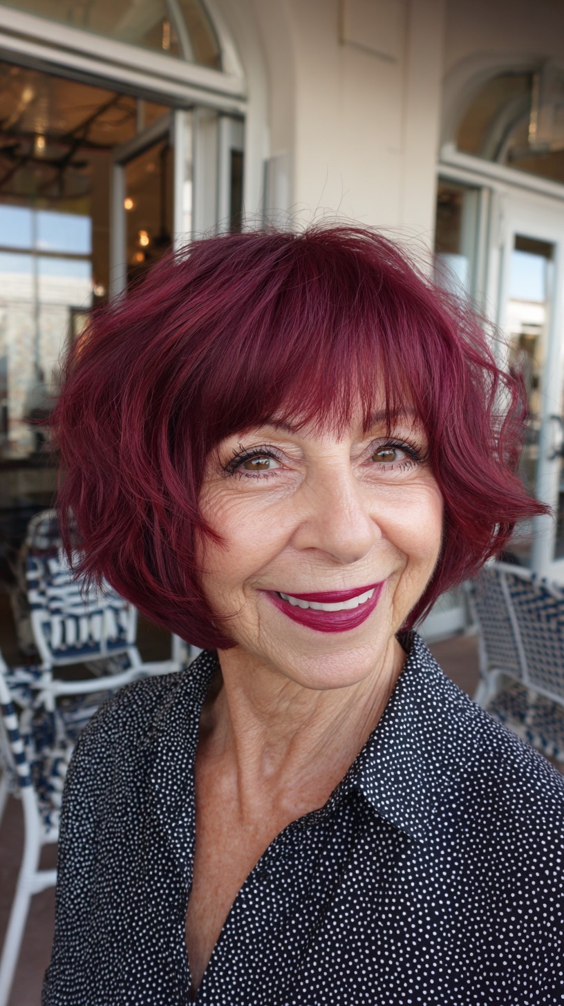 Crimson Feathered Chin-Length Shag with Soft Micro Fringe