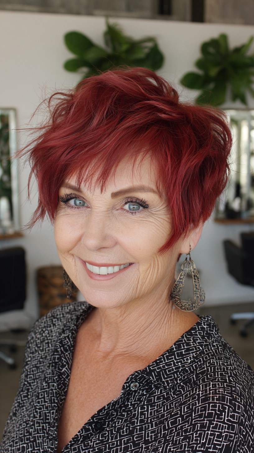 Crimson Feathered Pixie Shag with Angled Face-Framing Taper