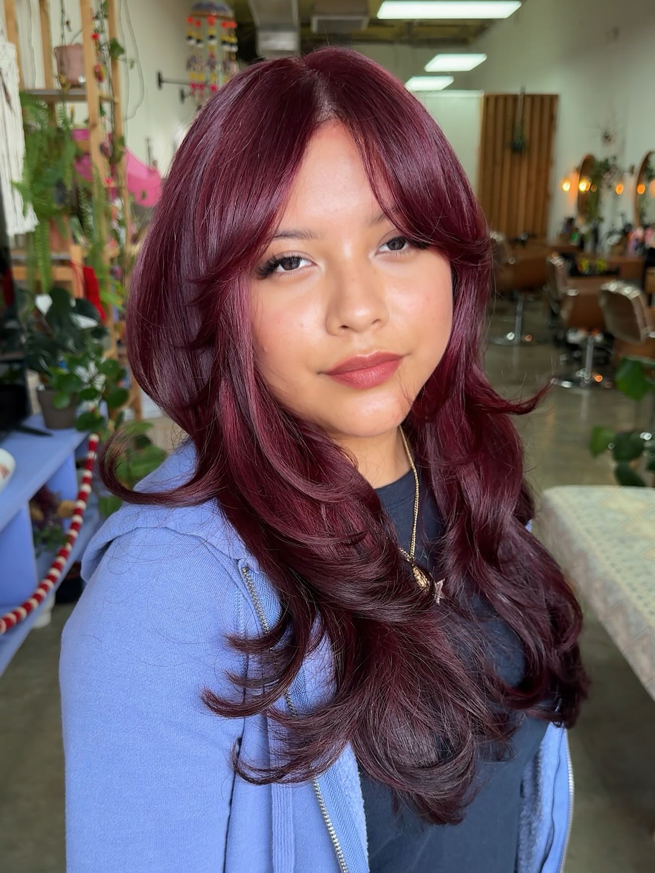 Deep Burgundy Center-Parted Fringe with Soft Flipped Layers
