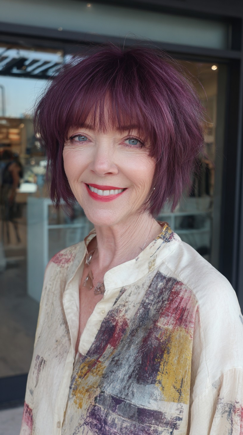 Deep Plum Textured Chin-Length Bob with Feathered Fringe