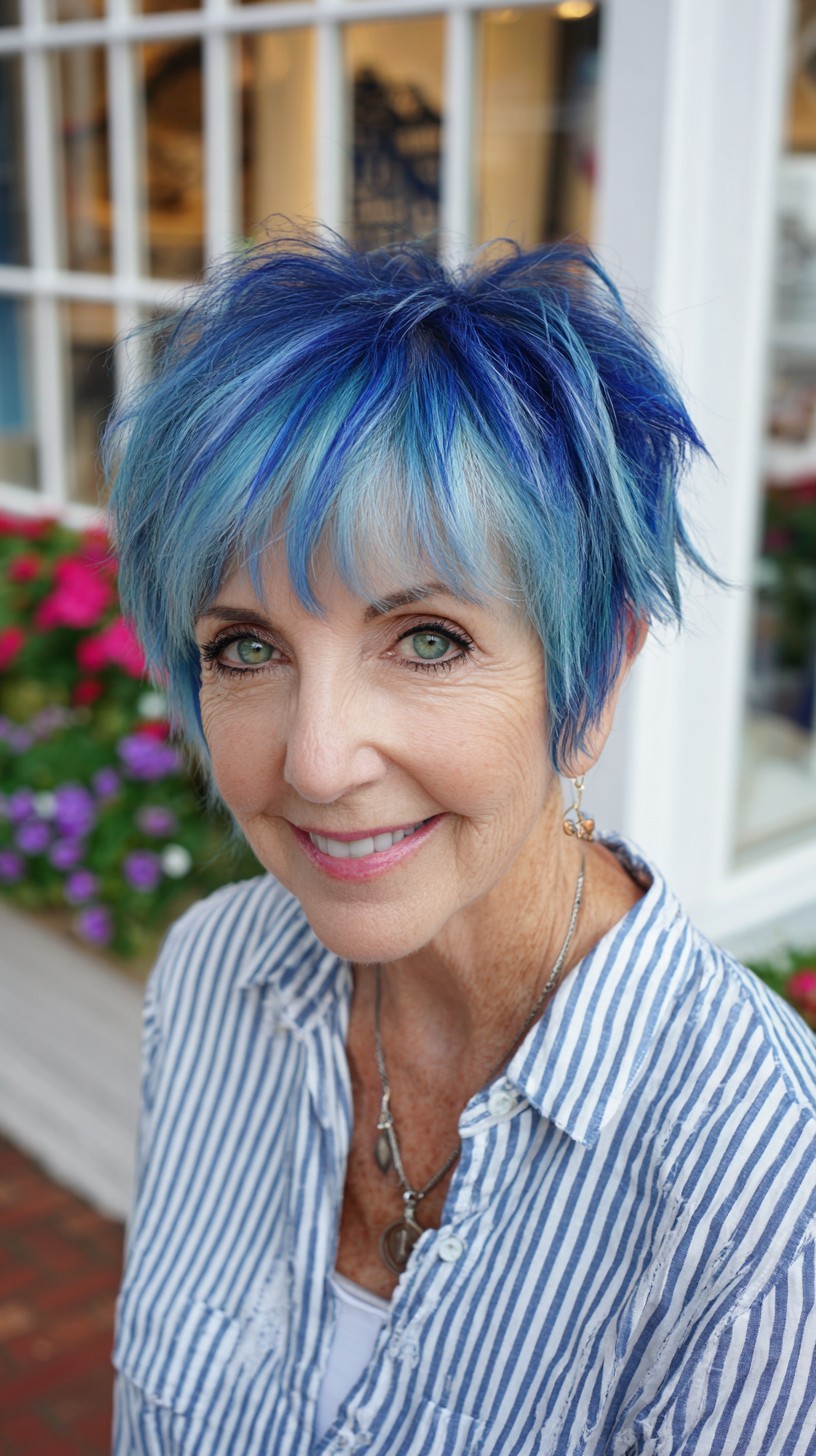 Electric Blue Feathered Pixie with Silver-Rooted Tones