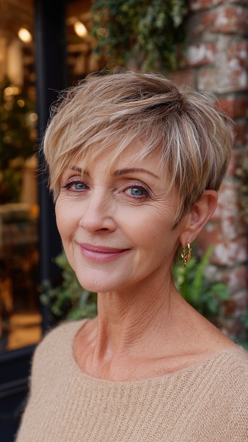 Gentle Ash-Blonde Layered Pixie with Side-Swept Micro Fringe