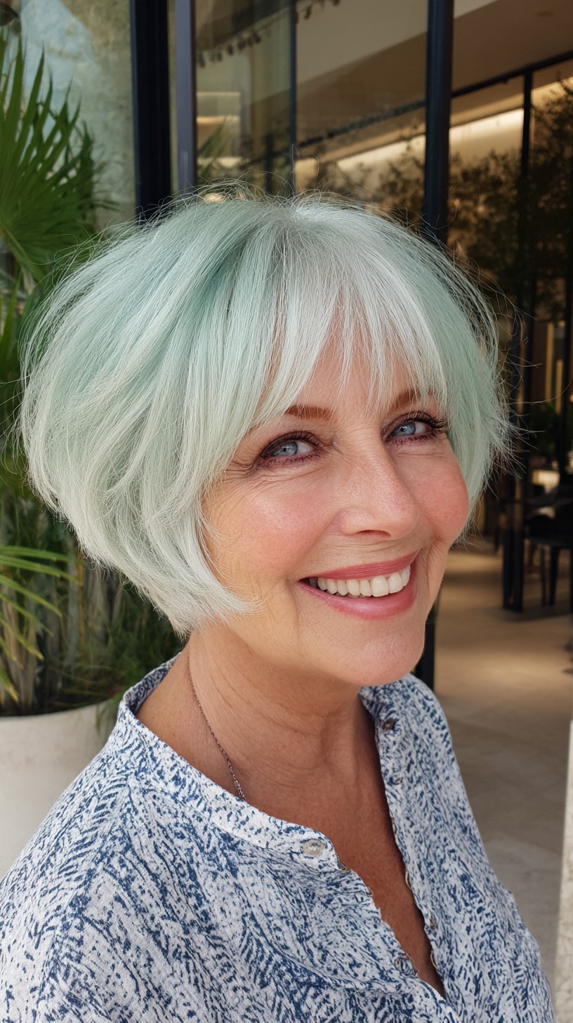 Mint-Glazed Textured Chin-Length Bob with Airy Micro-Fringe