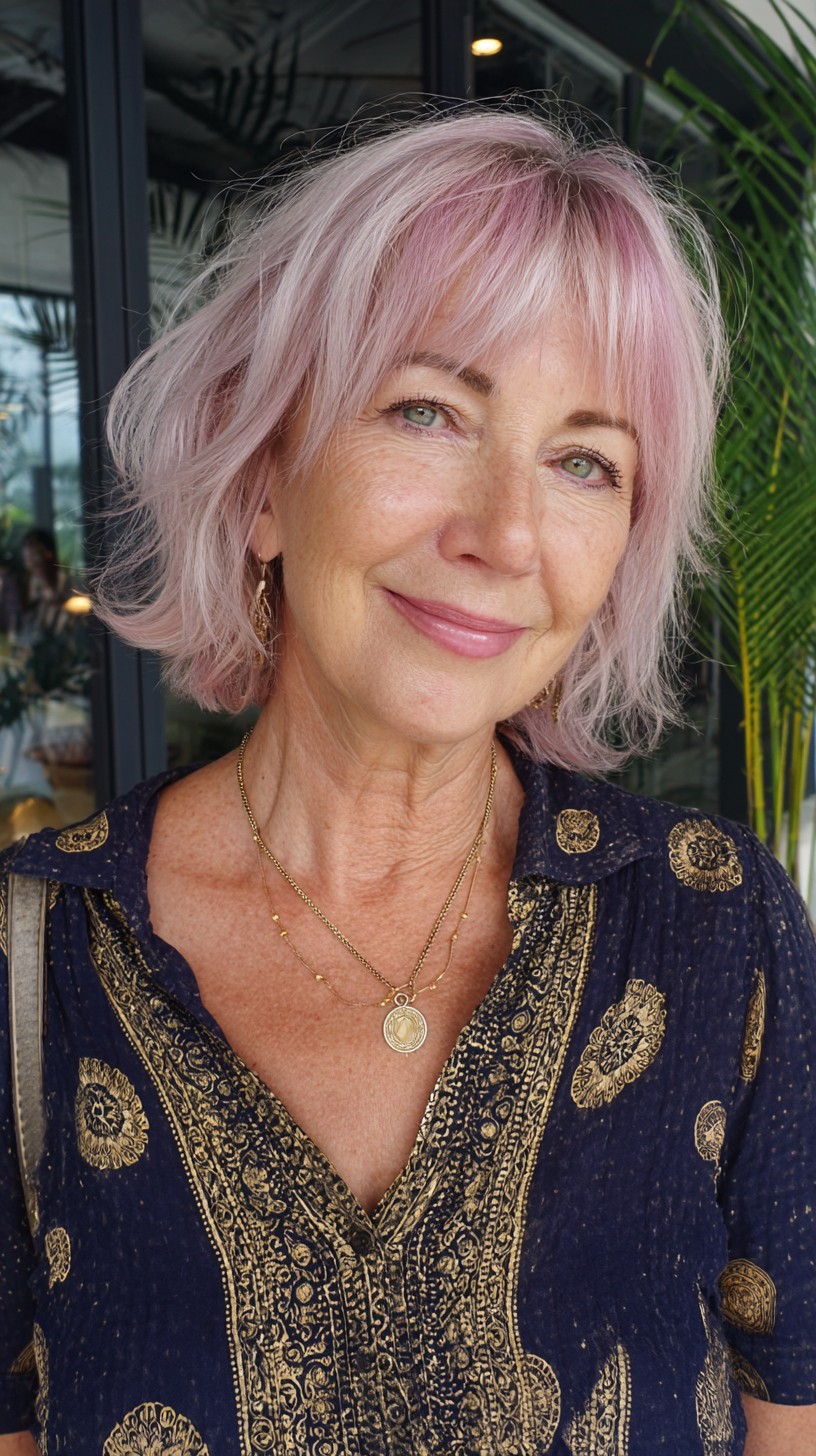 Pastel Rose Shaggy Chin-Length Bob with Feathered Fringe