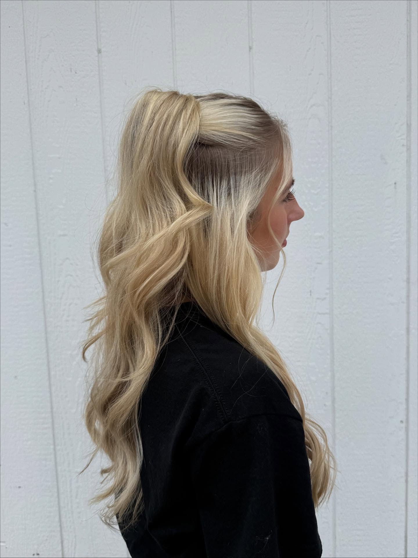 Platinum Half-Up Pony with Dark Root Ribbon and Loose Waves